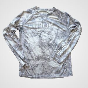 HUK Youth Long Sleeve Fishing Shirt Gray White Size Large UPF Sun Protection YL